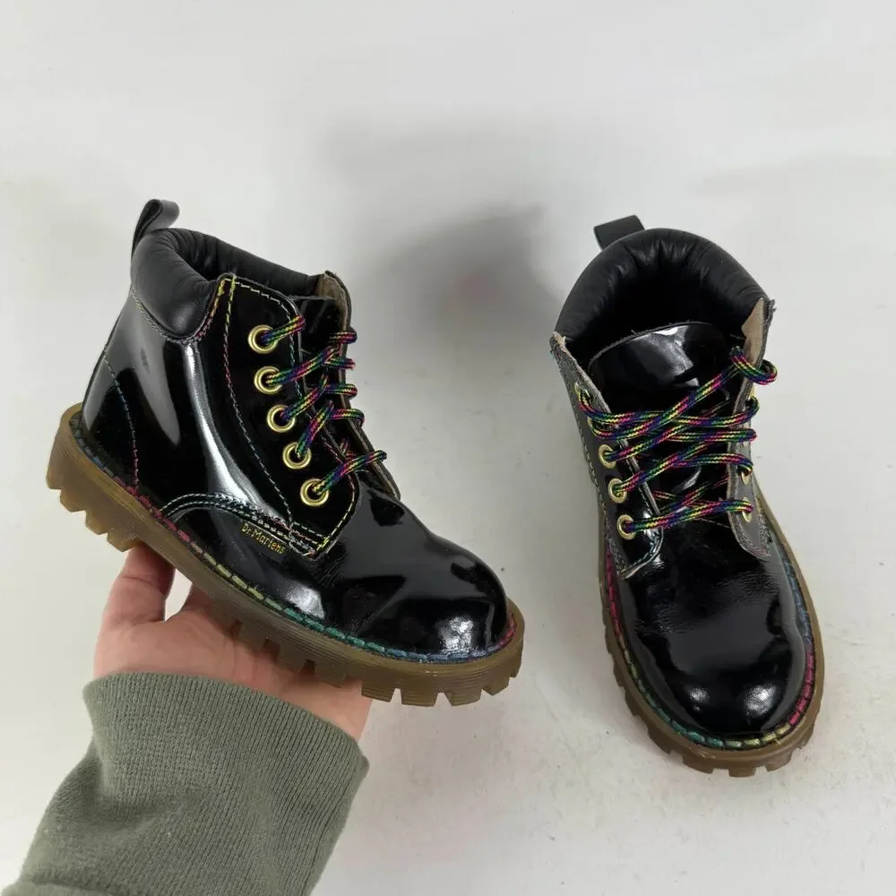 Dr. Martens Boots Kids 10 Black Patent Leather Lace-Up Round Toe Hiking